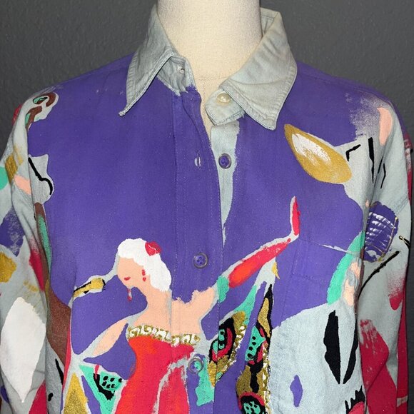 KOLORWAY Hand Painted Denim Button Down New Orleans Jazz Mardi Gras Shirt Top - Picture 2 of 10